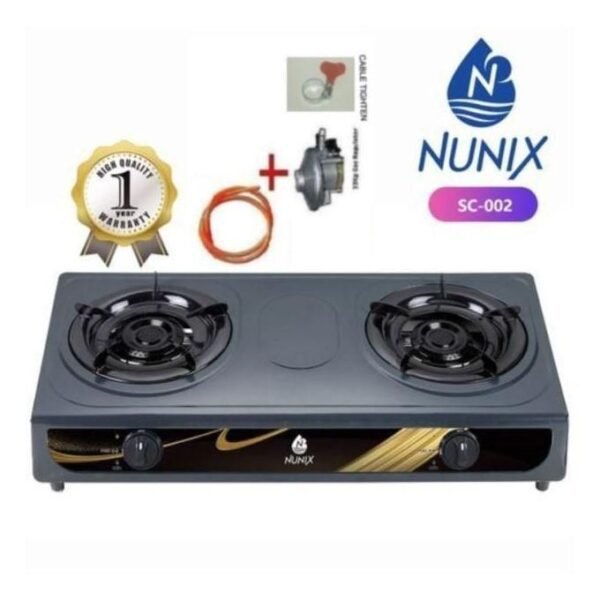 Nunix Table Top Stainless Steel 2 Burner Gas Cooker Plus 13kg Regulator, tightener, And Pipe